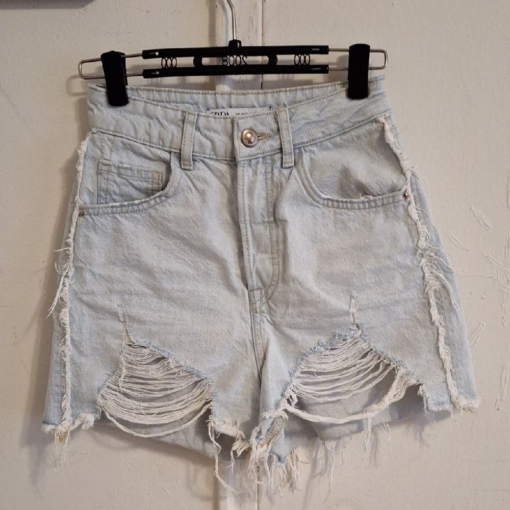 Distressed High Waist Light Blue Denim Shorts Zara Shorts